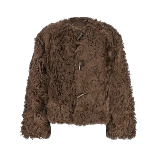 Plain Collarless Toggle Fur Jacket