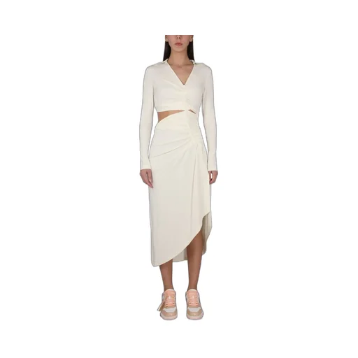 Off-White Ruched Long-Sleeved Dress