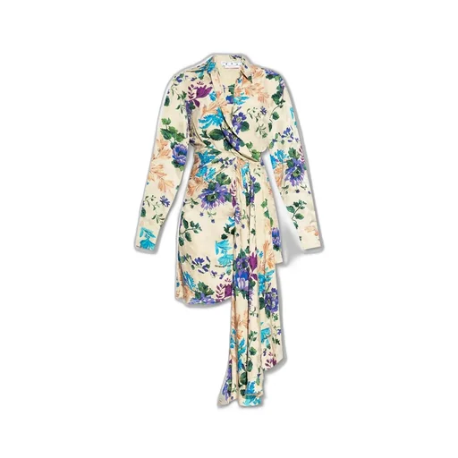 Off-White Floral Printed Long-Sleeved Dress