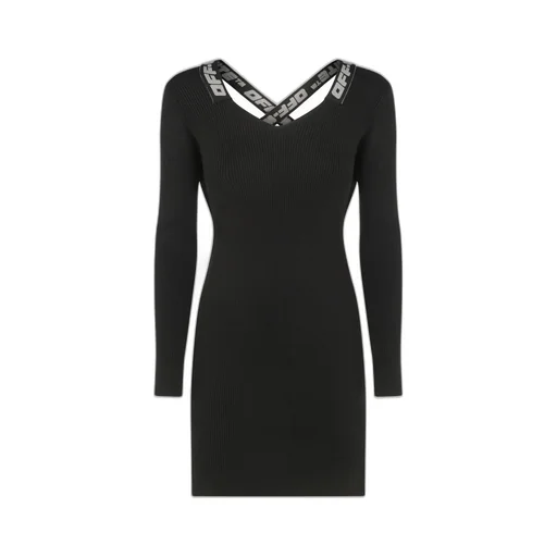 Off-White Logo Tape Long-Sleeved Ribbed Mini Dress