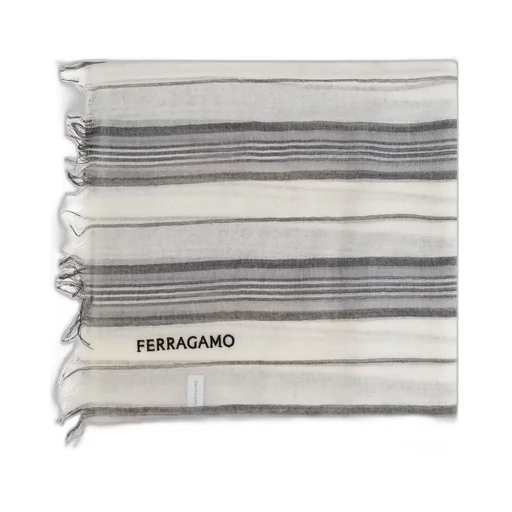 Ferragamo Logo Embroidered Striped Fringed Scarf