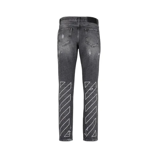 Off-White Diag-Striped Distressed Straight Leg Jeans