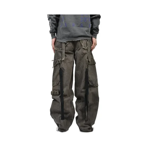 Cut Off Slash Seam Twist Cargo Jeans / Dust Gry