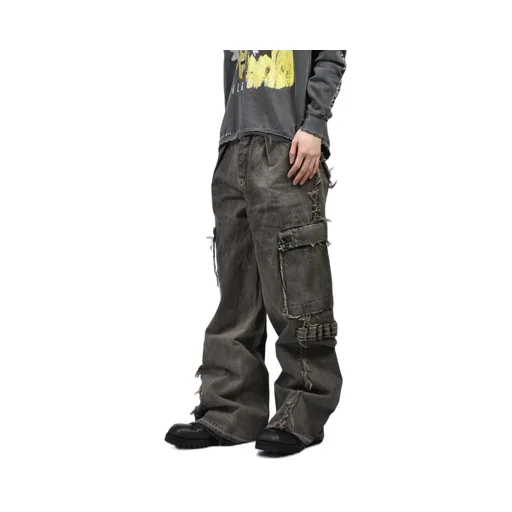 Cut Off Slash Seam Twist Cargo Jeans / Dust Gry