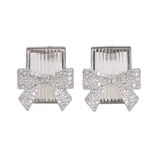 Bow-Adorned Square Glass Stud Earrings / Wht