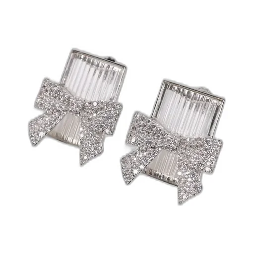 Bow-Adorned Square Glass Stud Earrings / Wht