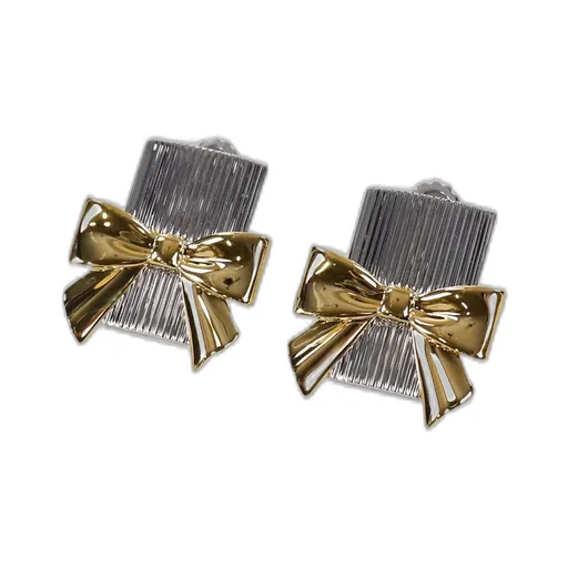 Bow-Adorned Square Stud Earrings / Gold