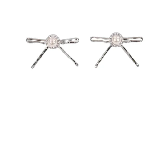 Hair Clip Patchwork Bow Pearl Stud Earrings / Wht