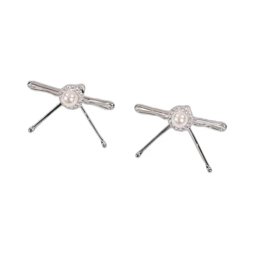 Hair Clip Patchwork Bow Pearl Stud Earrings / Wht