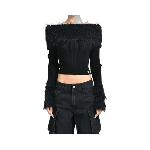 Mix Viscose Ribbed And Hairy Details Sweater / Blk