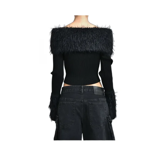 Mix Viscose Ribbed And Hairy Details Sweater / Blk