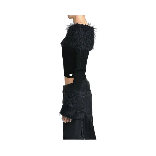 Mix Viscose Ribbed And Hairy Details Sweater / Blk