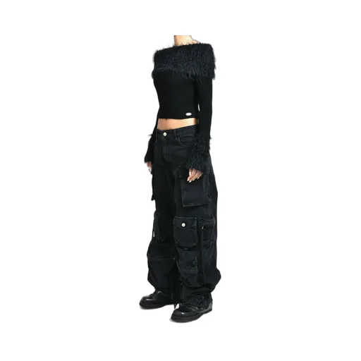 Mix Viscose Ribbed And Hairy Details Sweater / Blk