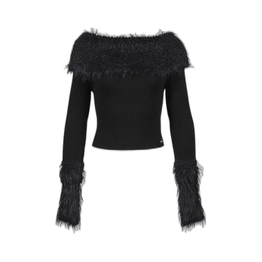 Mix Viscose Ribbed And Hairy Details Sweater / Blk