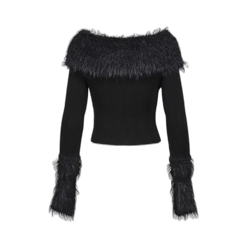 Mix Viscose Ribbed And Hairy Details Sweater / Blk