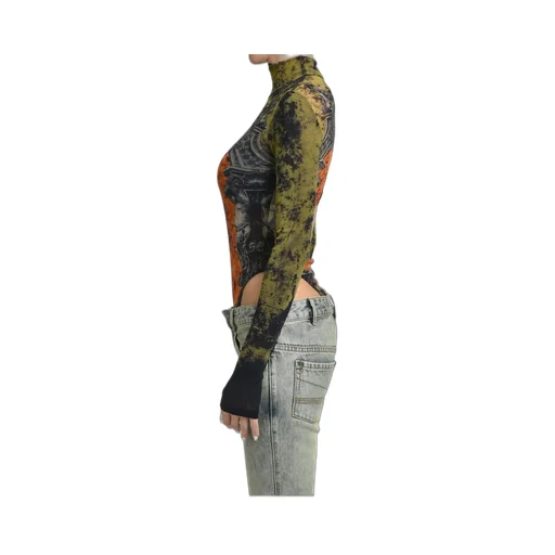 Mesh Body With Open Back Printed / Blk/Kha/Org M_Daillon