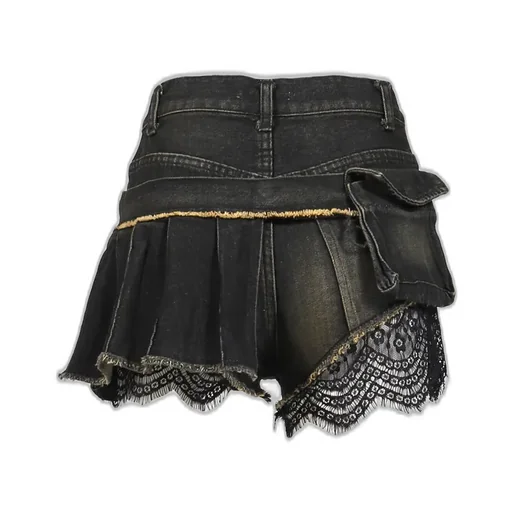 Denim Lace Combi Shortpants / Blk