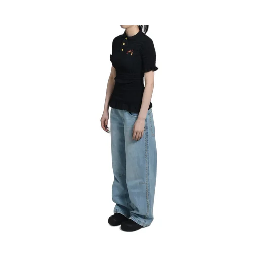 Reconstituted Shirred Henley T-Shirt / Blk