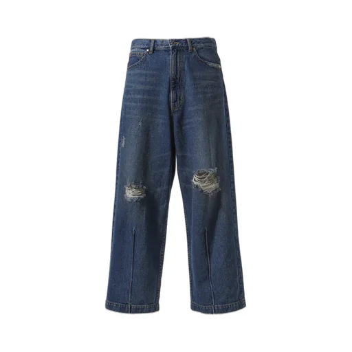90'loose Straight Pants - Damaged Denim / Indigo