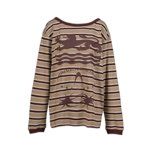 Slanted Shoulder Striped Long Sleeve T-Shirt / Kha