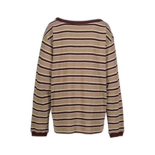 Slanted Shoulder Striped Long Sleeve T-Shirt / Kha