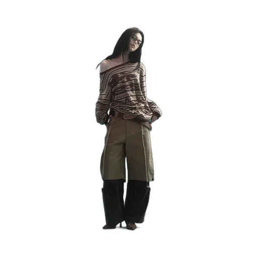 Slanted Shoulder Striped Long Sleeve T-Shirt / Kha