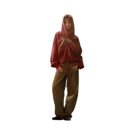 Drawstring Gradient Wash Hooded Sweatshirt / Red
