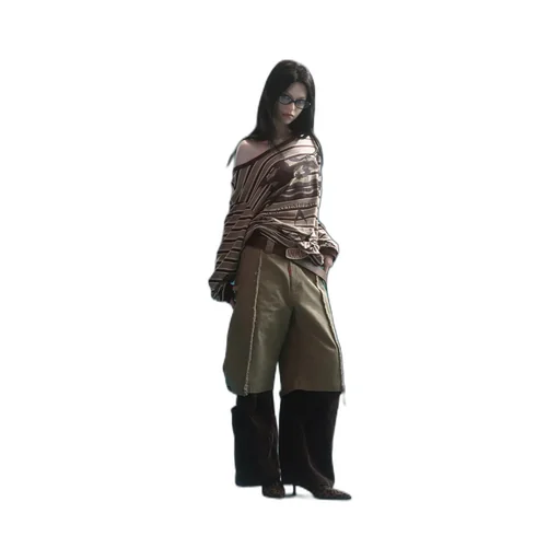 Slanted Shoulder Striped Long Sleeve T-Shirt / Kha