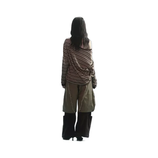 Slanted Shoulder Striped Long Sleeve T-Shirt / Kha