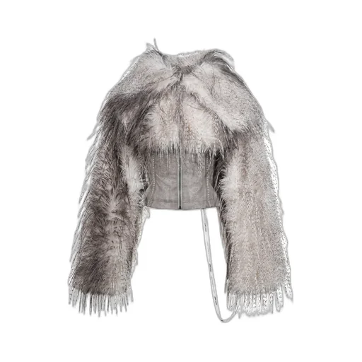 Faux Feather And Pu Lace Up Jacket / Wht Brwn
