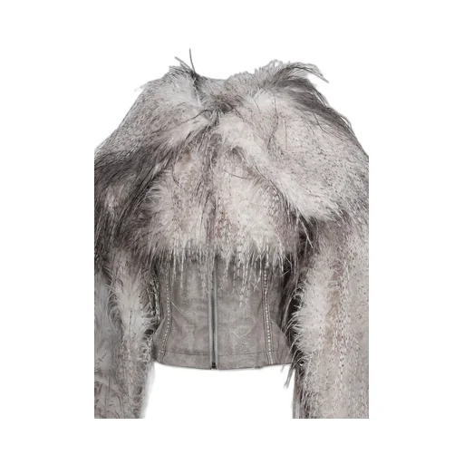 Faux Feather And Pu Lace Up Jacket / Wht Brwn