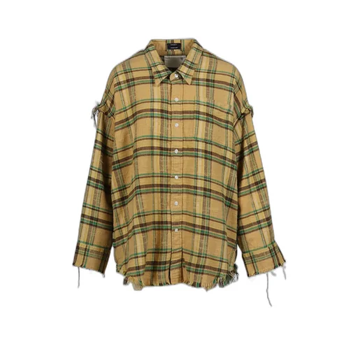 Shredded Seam Drop Neck Shirt / Kha/Grn Plaid