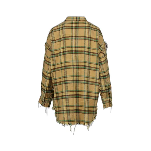 Shredded Seam Drop Neck Shirt / Kha/Grn Plaid