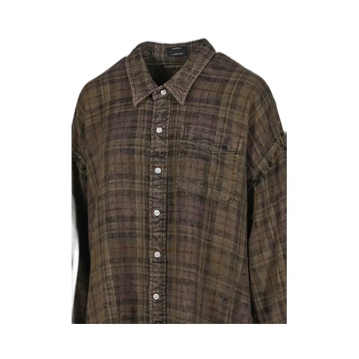 Shredded Seam Drop Neck Shirt / Teal/Nvy/Yel Plaid Brn