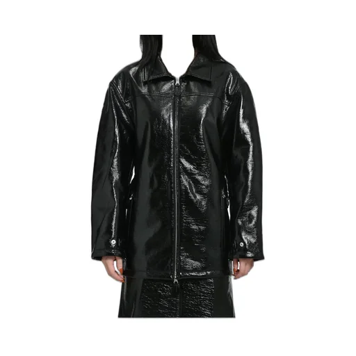 Zipped Vinyl Maxi Bomber Jacket / Blk
