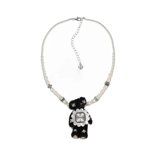 Lace-Edged Watch Dial Inlaid Gemstone Bear Necklace / Blk