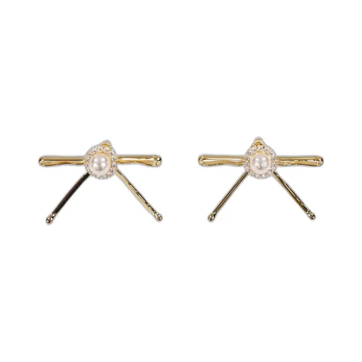 Hair Clip Patchwork Bow Pearl Stud Earrings / Gold