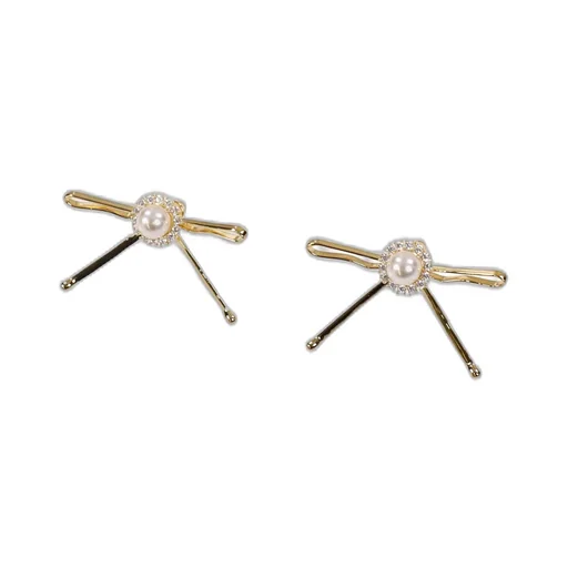 Hair Clip Patchwork Bow Pearl Stud Earrings / Gold