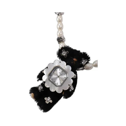 Lace-Edged Watch Dial Inlaid Gemstone Bear Necklace / Blk