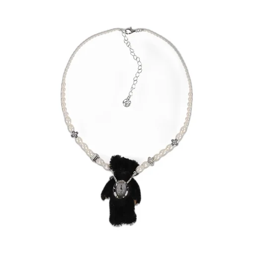 Lace-Edged Watch Dial Inlaid Gemstone Bear Necklace / Blk