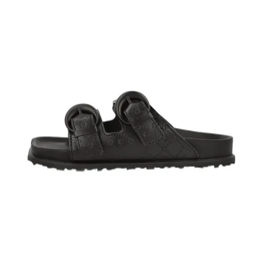 Marine Serre Moonogram-Embossed Double-Strap Slides