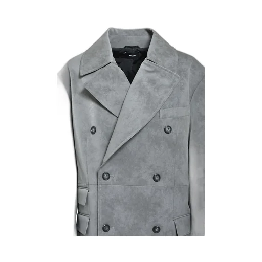 Faux Leather Double Breasted Coat / Gry
