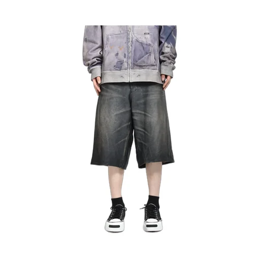 Distressed Leather Bermuda Shorts / Blk