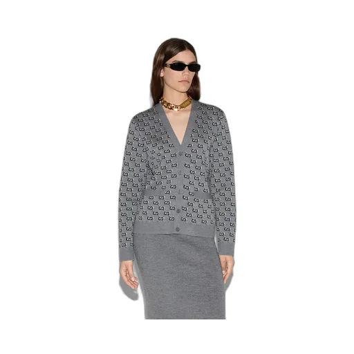 Wool Jacquard Cardigan With Gg Shadow