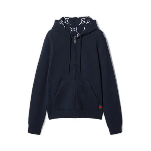 Reversible Gg Wool Hooded Zip Jacket