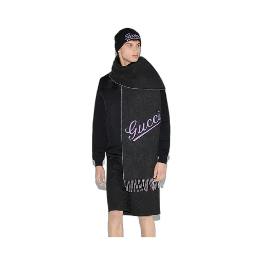 Wool Cashmere Scarf With Gucci Script