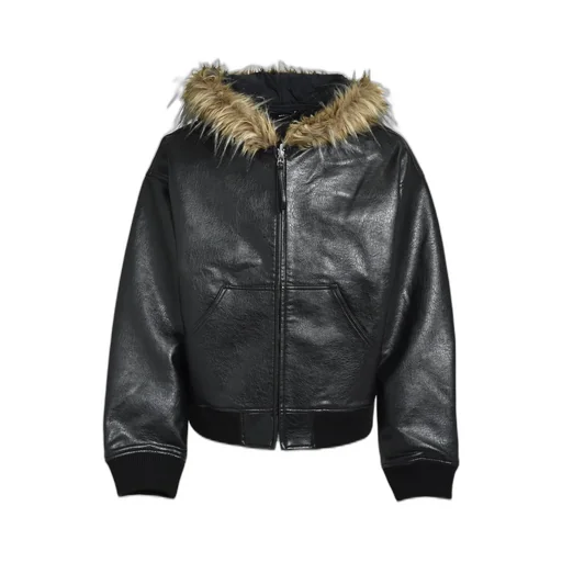 Faux Leather Fur Hooded Jacket / Blk