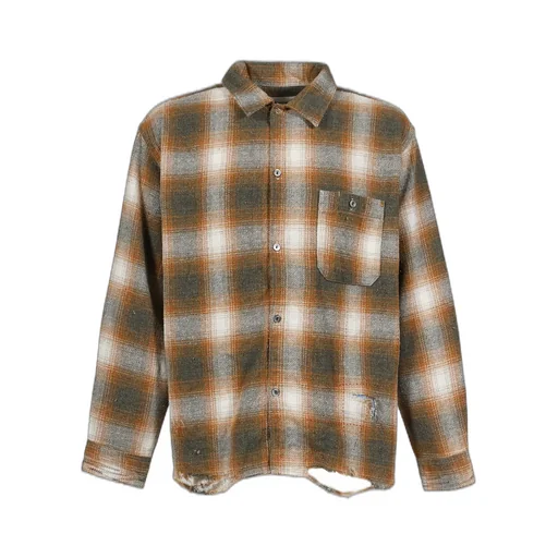 Ombre Check Damaged Wide Flannel Shirts / Yel×Grn