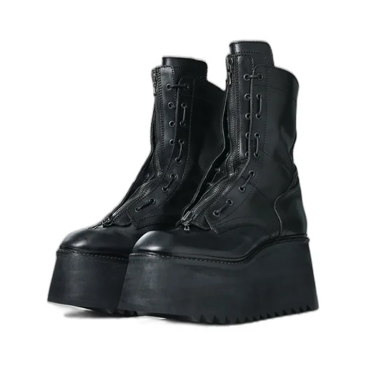 Cow Skin Lace Up Boot / Black