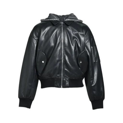 Hooded Faux Leather Flight Jacket / Blk